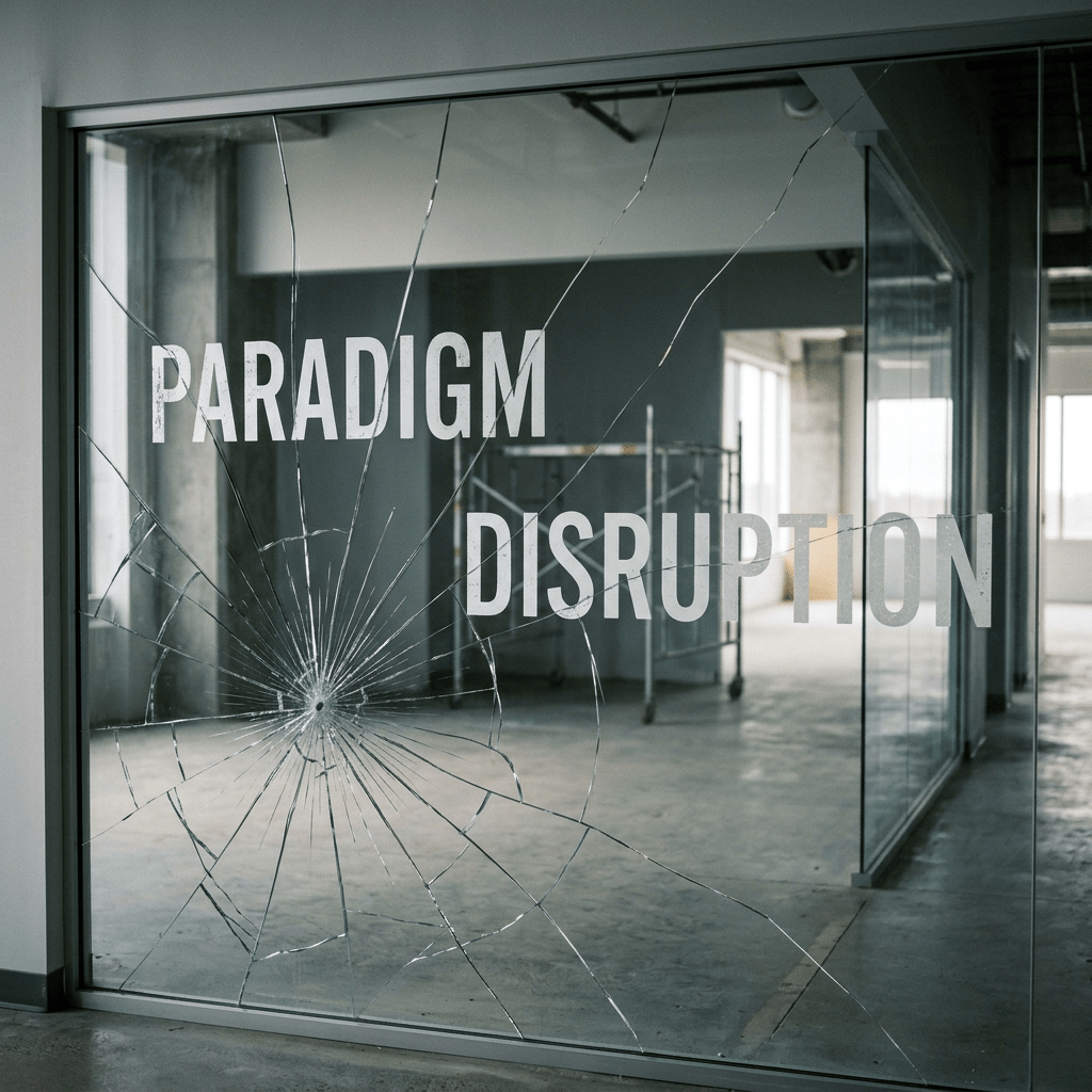 Shattered glass panel with 'PARADIGM DISRUPTION' written on it